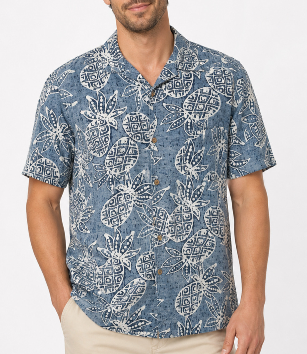 Batik Bay Mens Large Vintage 100% Silk Hawaiian Shirt Blue Pineapple Y2K Vintage